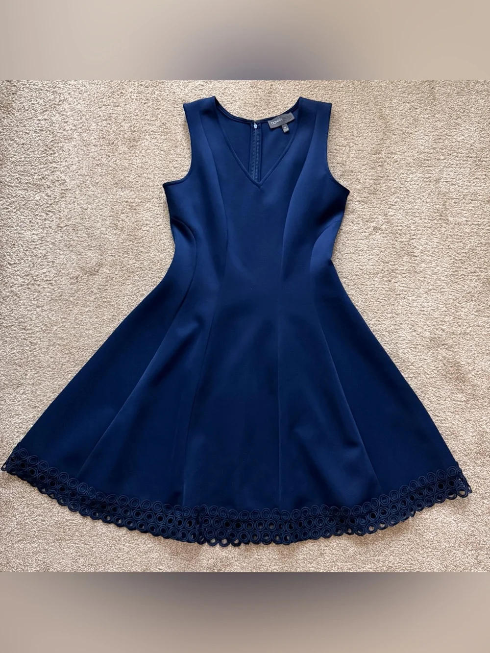 Donna Ricco Navy V-Neck A-Line Dress with Lace Hem - Picture 3 of 9